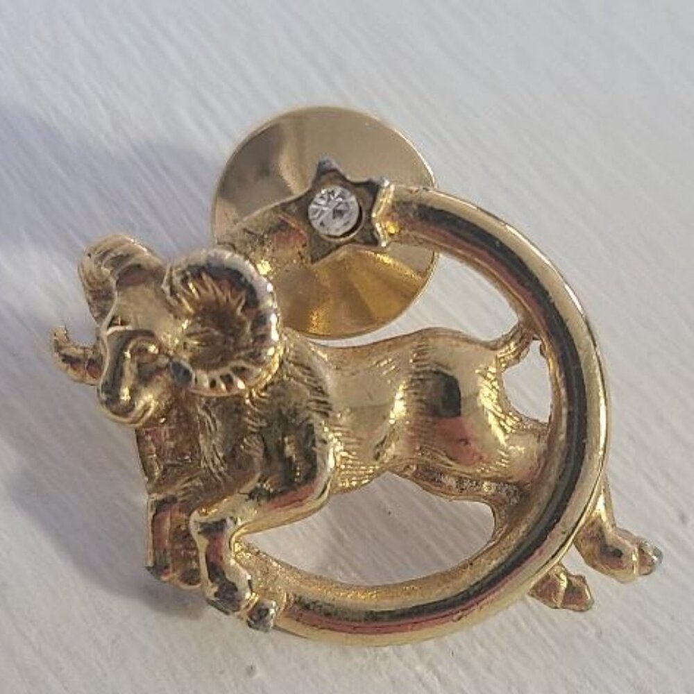 Aries Horoscope Ram Sign Vintage Gold Rhinestone Lapel Pin Tie Tack